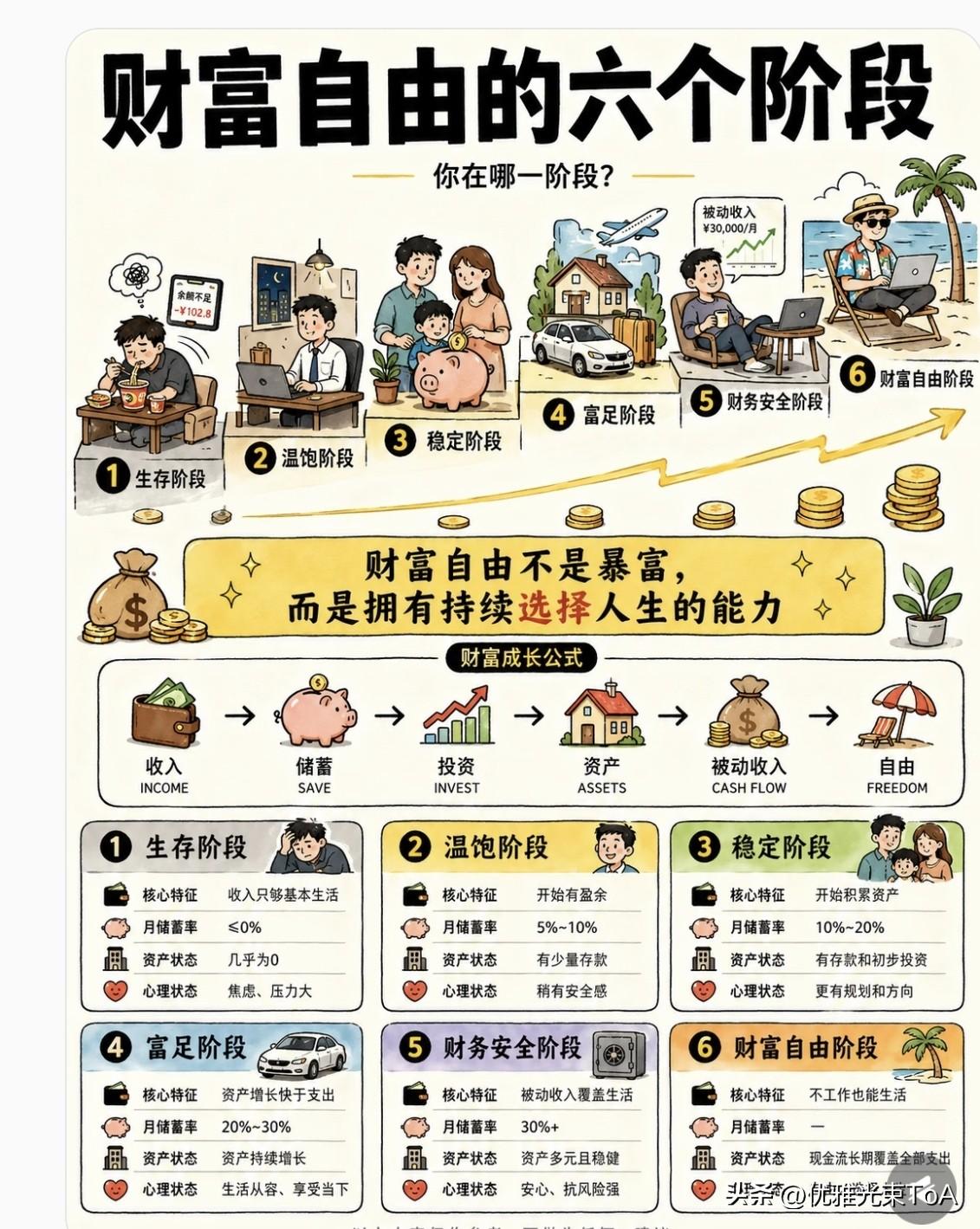 财富自由哪是一步到位的？其实分6个阶段，看看你卡在第几关☞☞☞1️⃣生存