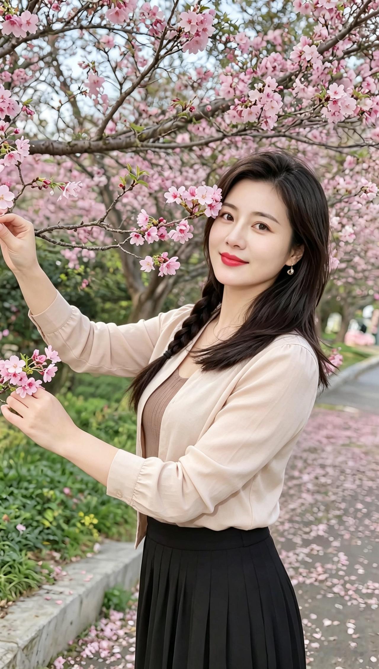 樱花树下，少女轻抚花枝，笑靥如花。