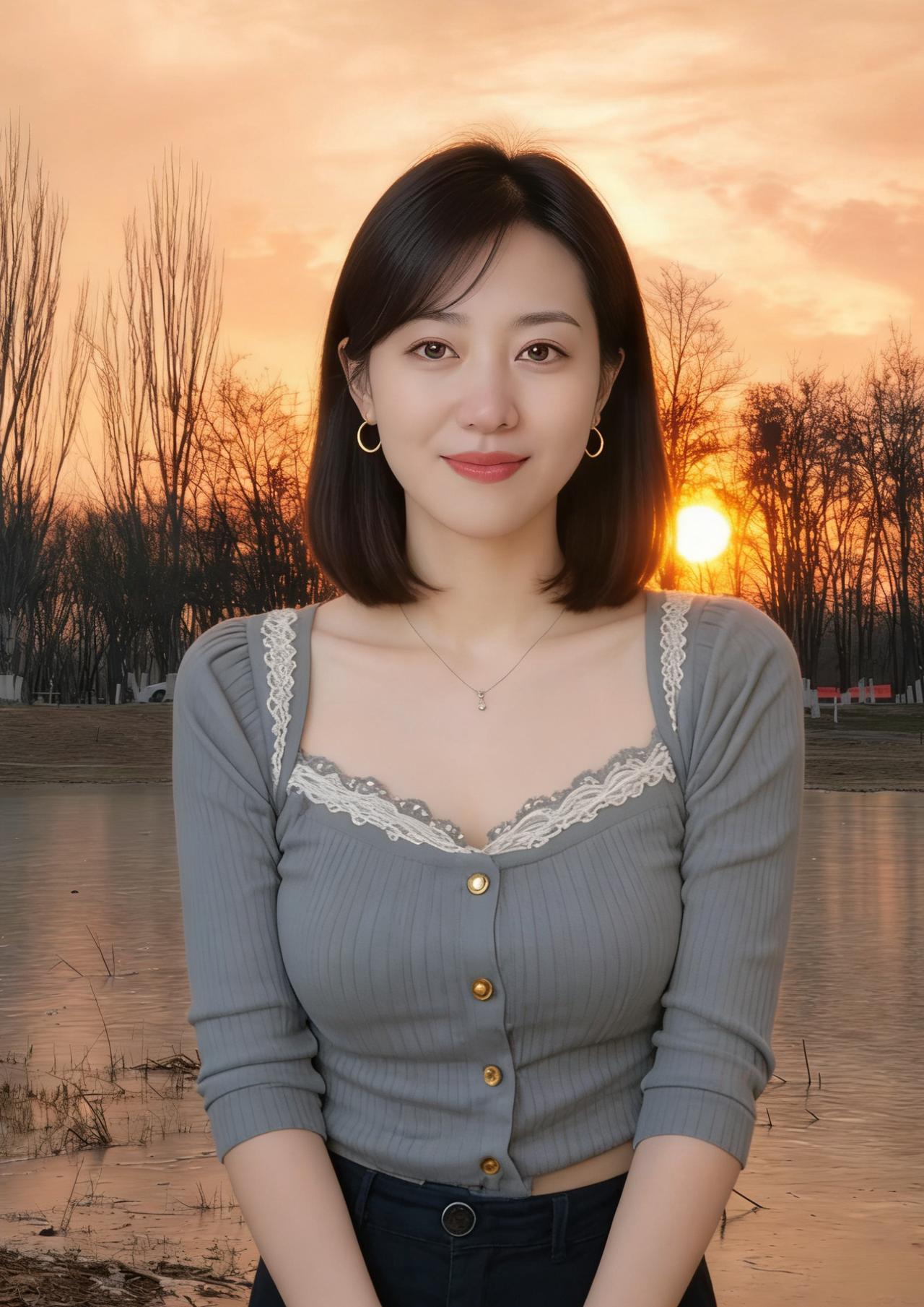 暮色初笼旧屋梁，佳人缓步过寒塘。金环映雪三分冷，笑靥融霜一抹香。风乍软，日初