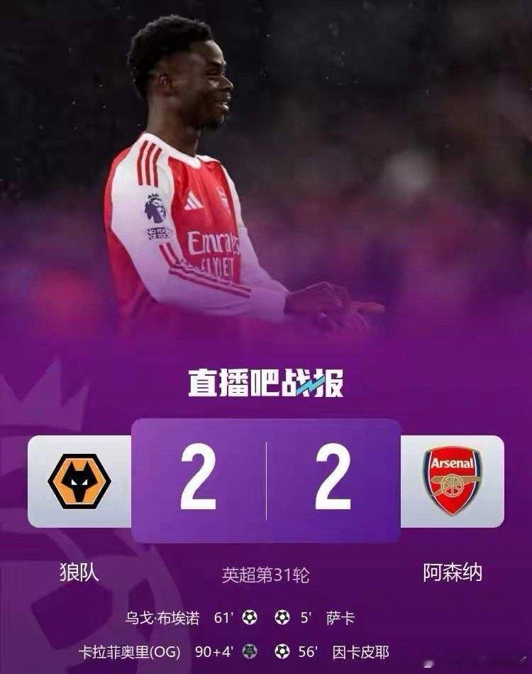 阿森纳客场2:2战平狼队多赛一轮的情况下继续5分领跑阿森纳是不是飘了给了狼队那么