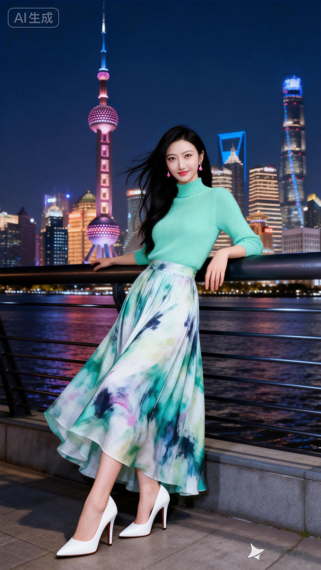 上海夜景下的时尚穿搭，绿色毛衣搭配彩色长裙，优雅动人！🌃👗✨