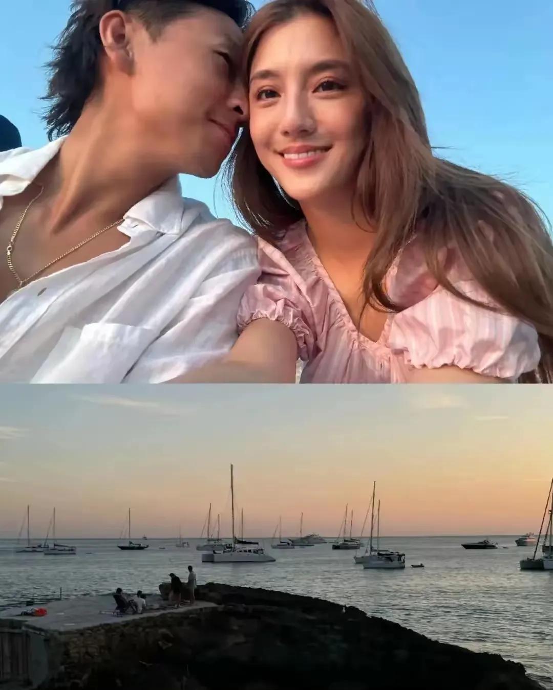 吴千语与丈夫施伯雄手牵手漫步在夕阳映照的海边，海风轻拂，浪花低语，画面唯美而浪漫