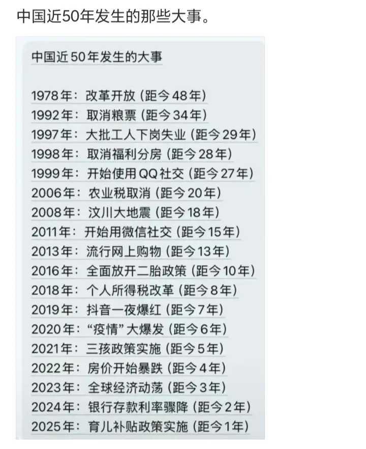 中国近50年发生的大事