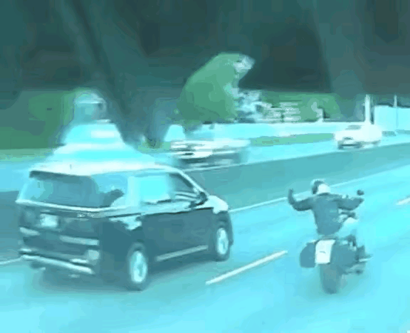 大马路上，摩托车手双手脱把，大炫车技，SUV车主看不惯了，右打方向盘一下子把摩托