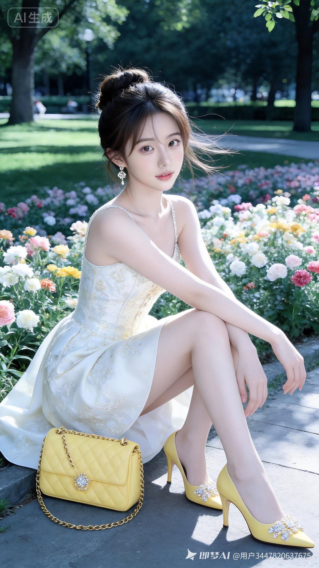 盘发戴精致耳饰，身着高定衣裙，脚踩奶黄水钻高跟鞋，身侧放黄色链条包。少女端坐繁花