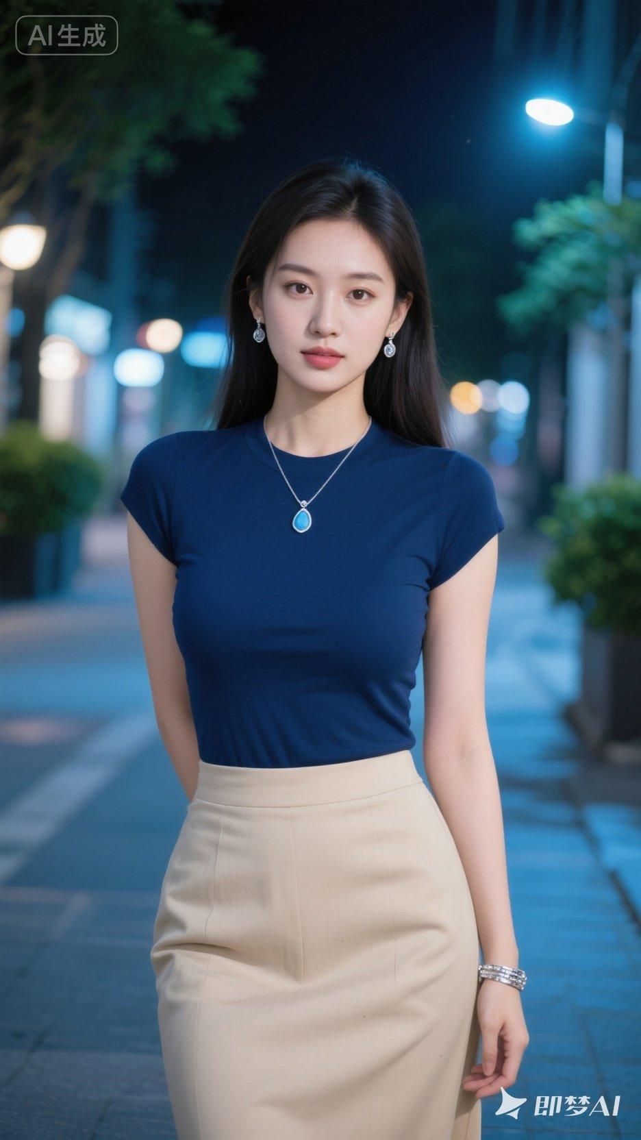 夜晚街拍，蓝色上衣搭配米色半身裙，优雅迷人！