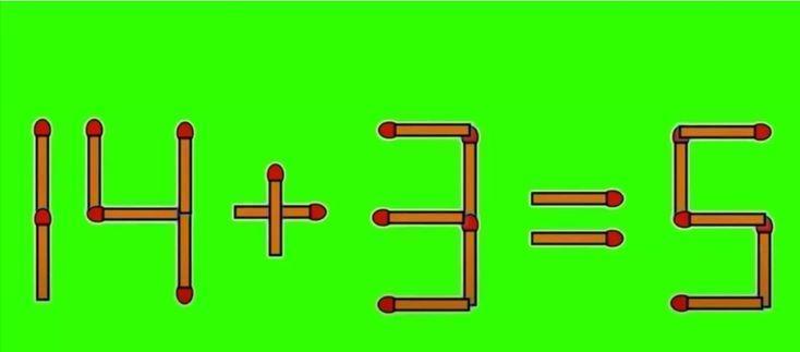 趣味谜题来袭！图中“14+3=5”这个等式显然不成立。现在要求仅移动1
