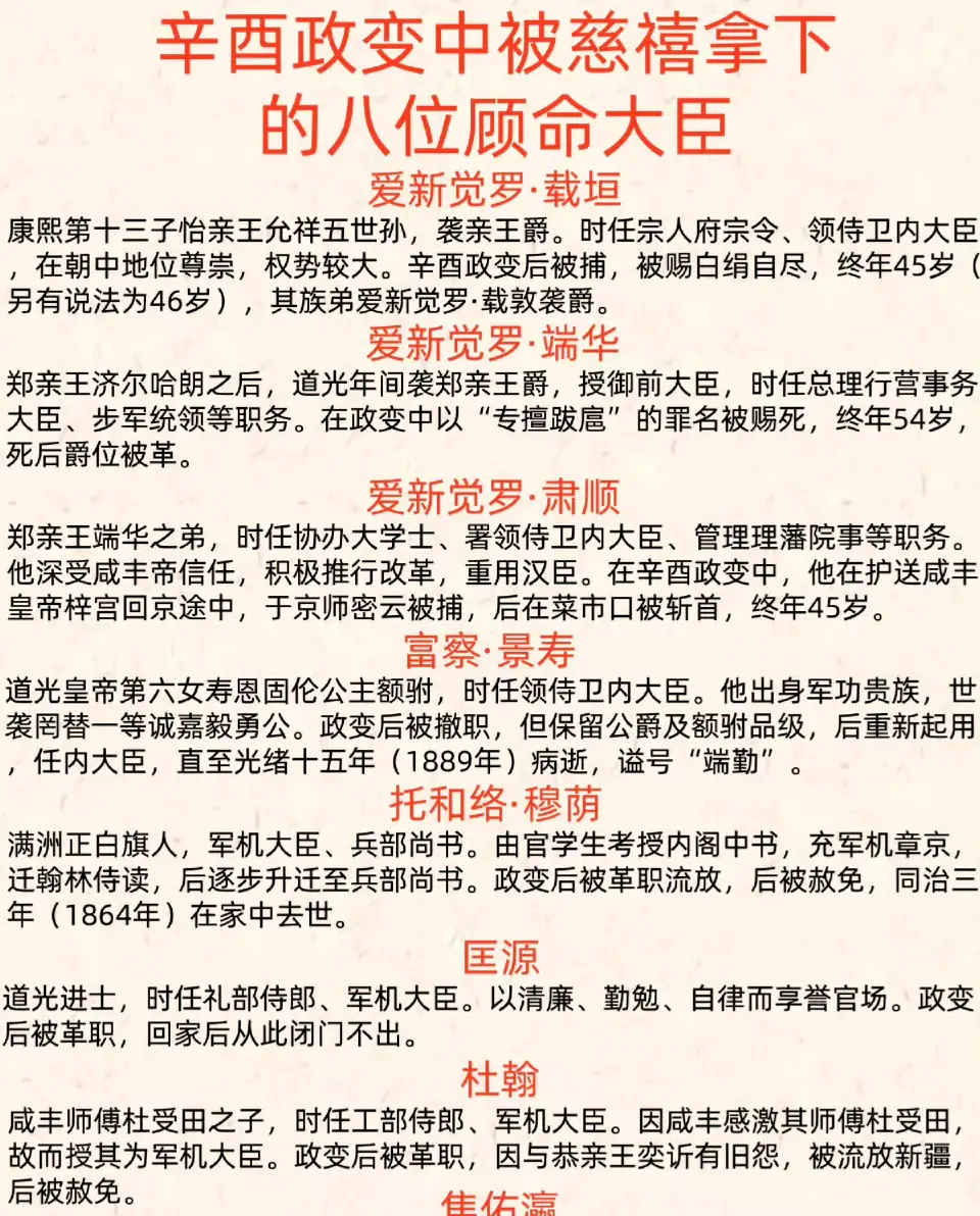 辛酉政变中被慈禧拿下的八位顾命大臣。​