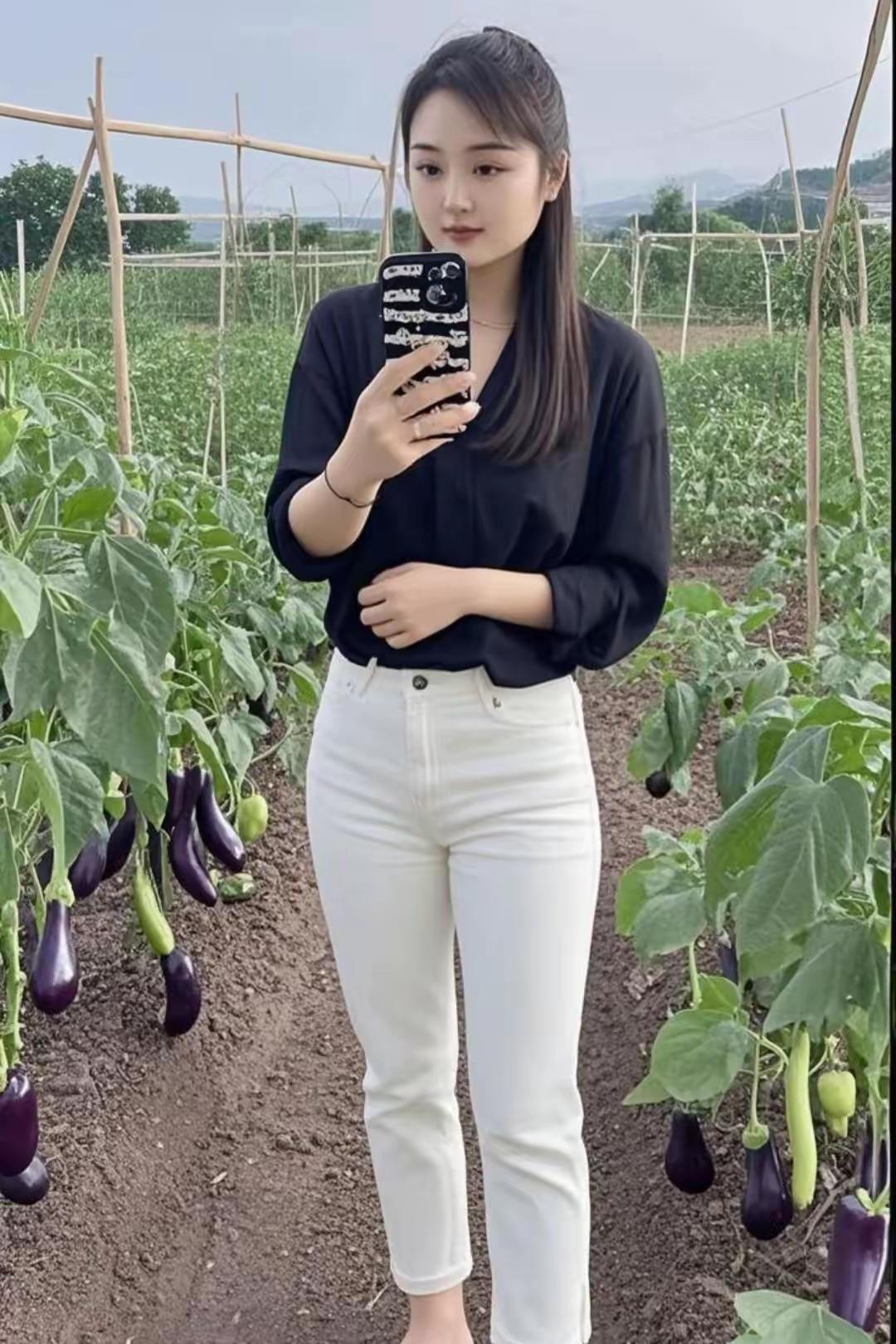 田园风穿搭指南：黑上衣+白裤子，与茄子一起凹造型！