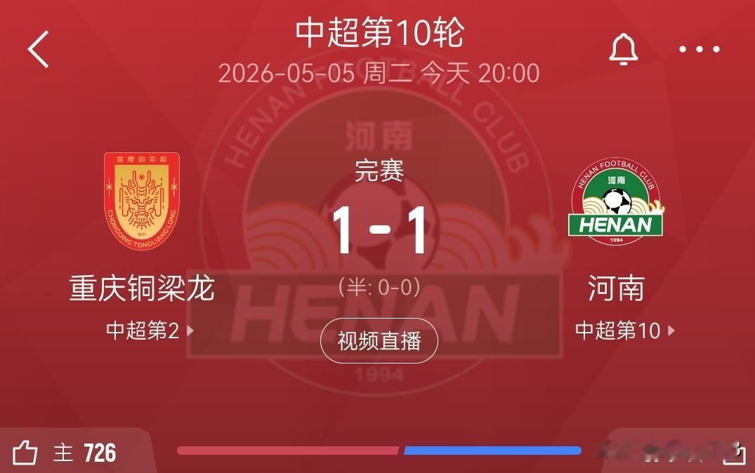 中超第10轮，重庆铜梁龙1-1河南队结束比赛。重庆进球队员:吴永强第53分钟