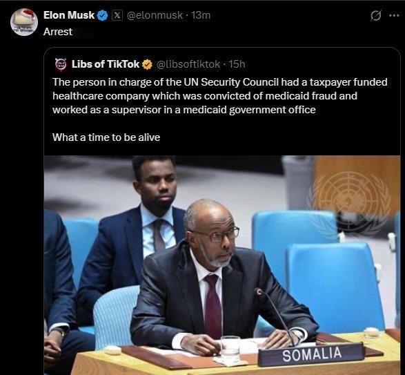 🚨🇺🇳涉嫌欺诈的索马里官员如今担任联合国安理会主席，埃隆·马斯克：“逮捕