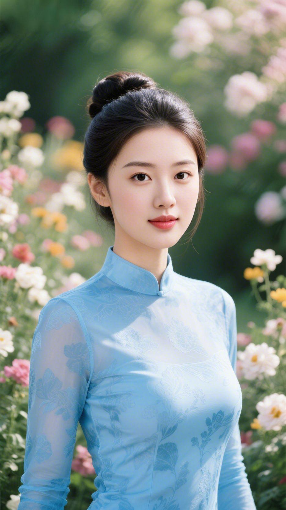 青衫花隅风携花息漫过枝桠时，她静立在花簇间。浅蓝衣衫裹着舒展的身形，