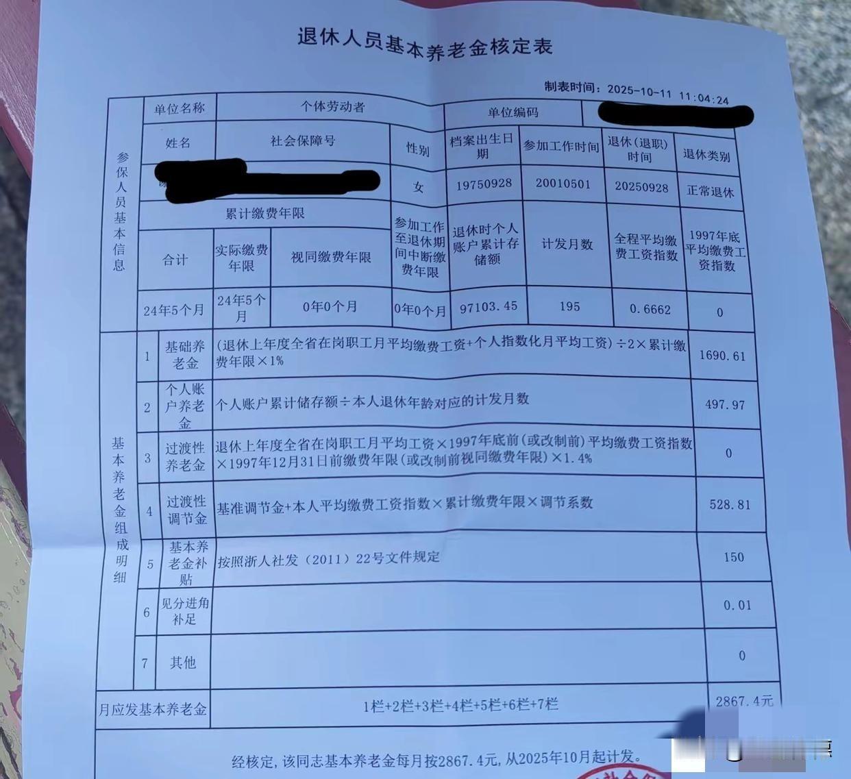从提供的养老金核定表来看，该退休人员每月领取2867.4元的基本养老金。这一水平