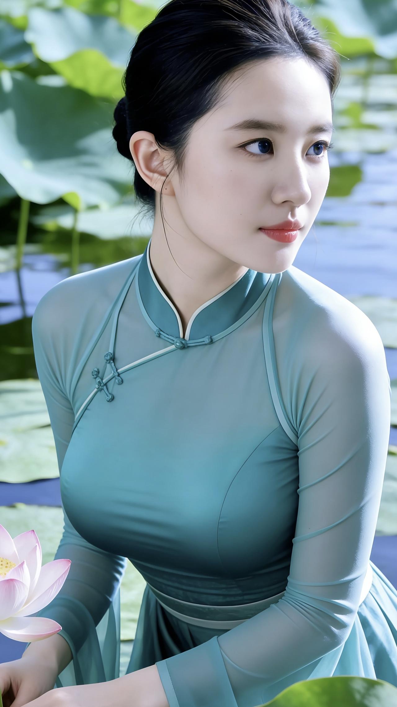 我蹲在荷塘边的石阶上，指尖轻触粉白的荷花瓣，带着水汽的清香漫在鼻尖。身上的改良旗