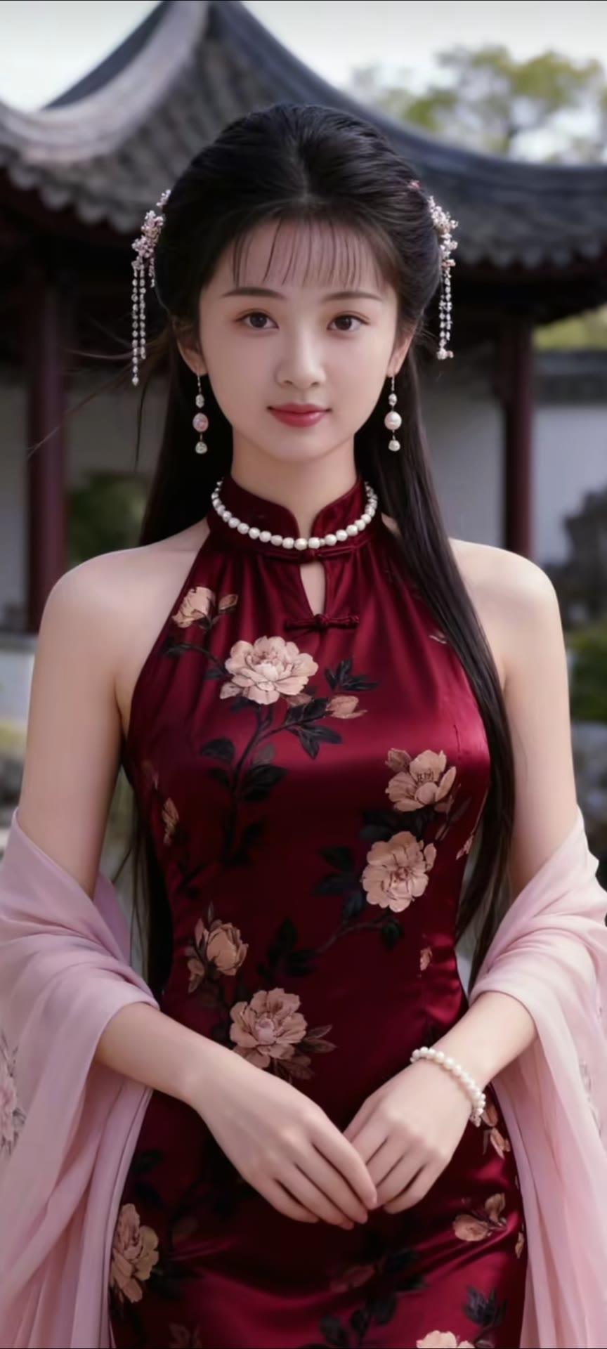 古风少女，红衣花影，温婉如画。