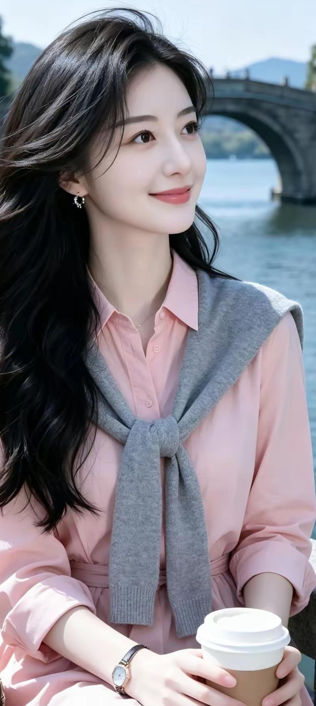 阳光下的甜美少女，手持咖啡，微笑如画
