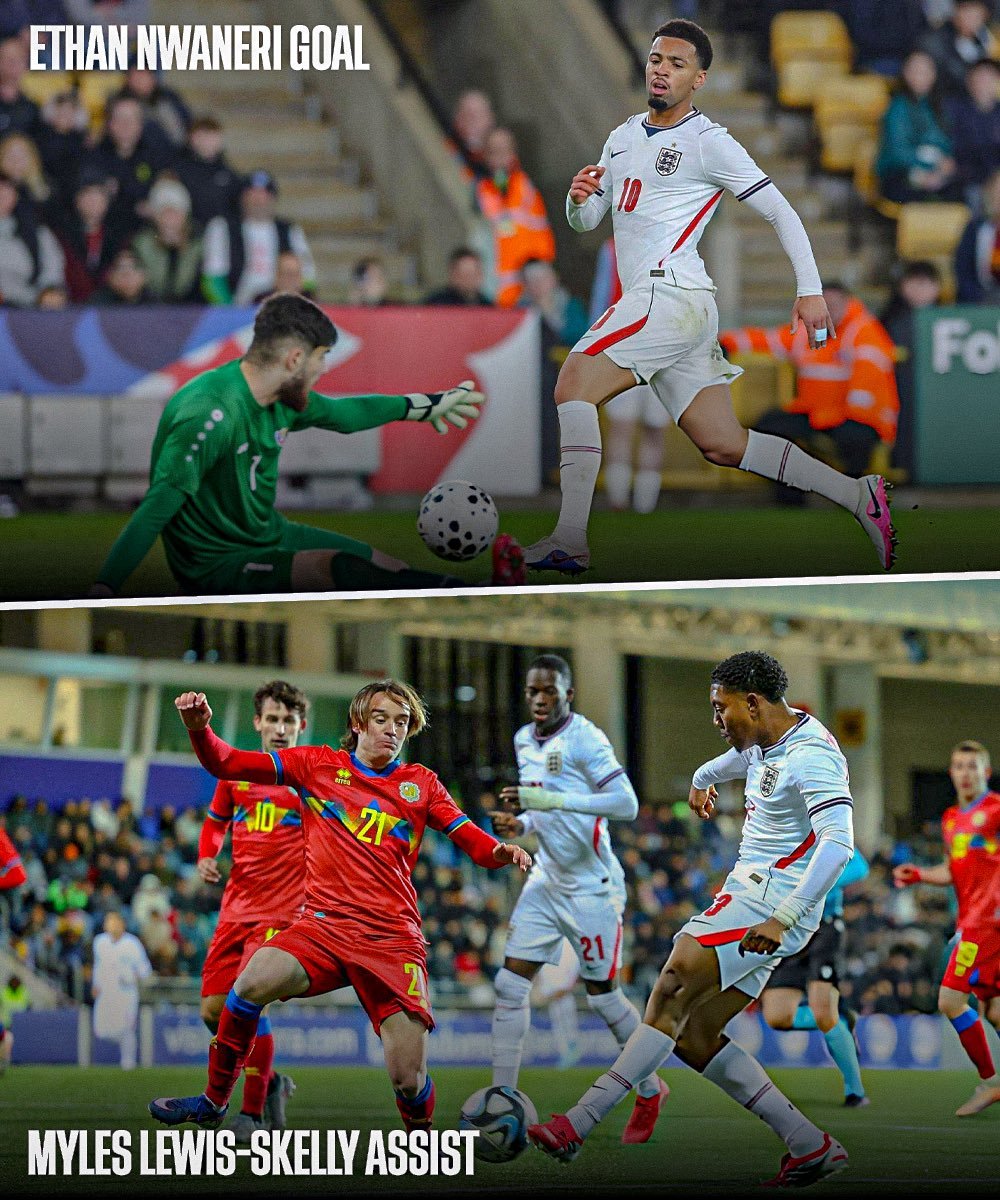 斯凯利助攻恩瓦内里打入第二个进球，帮助英格兰U21队以4-1击败摩尔多瓦U21队