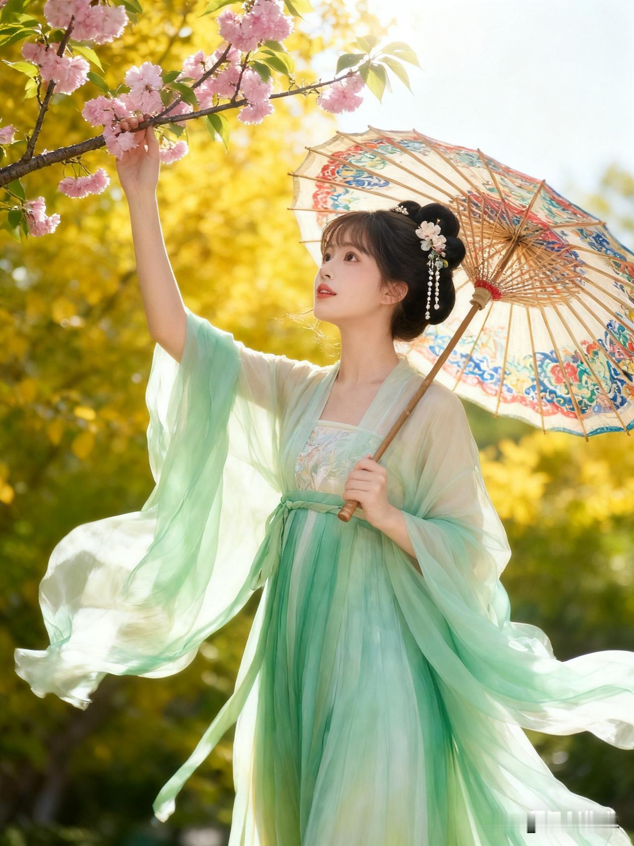 樱花树下，少女轻纱飘逸，古风伞影相伴，唯美如画。国风撑伞写真樱花古风照古风樱