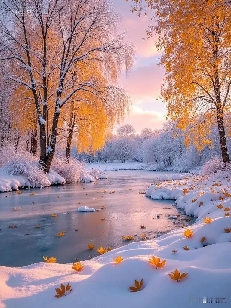 人间最美是金秋。白雪皑皑胜一筹。一半秋黄，一半冬白，更是美不胜收。冬雪悄悄漫上枝