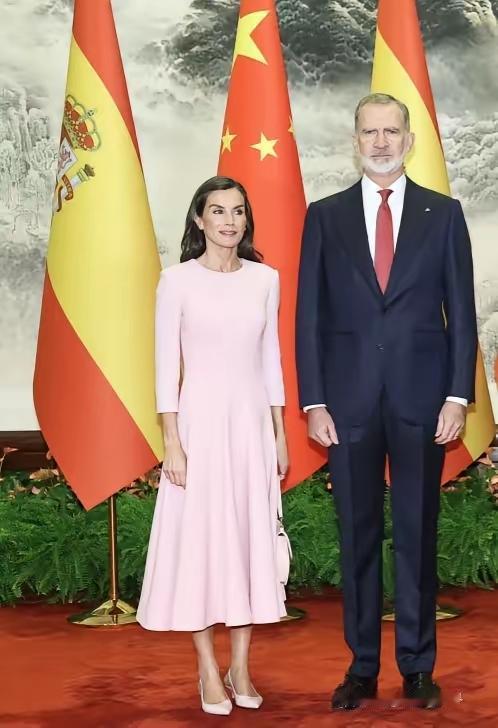 莱蒂齐亚王后陪国王出席会晤，那身淡粉色连衣裙直接把“王室穿搭模板”焊死了！谁能想