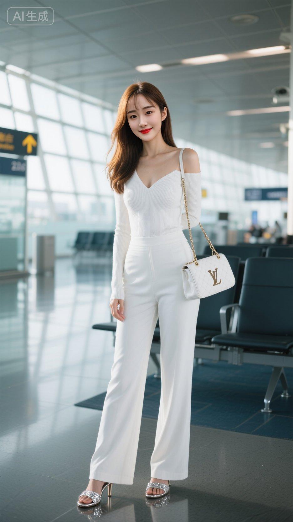 一位20岁可爱女孩，黄棕色长发，空气刘海，妆容精致，站立在飞机场候机大厅内