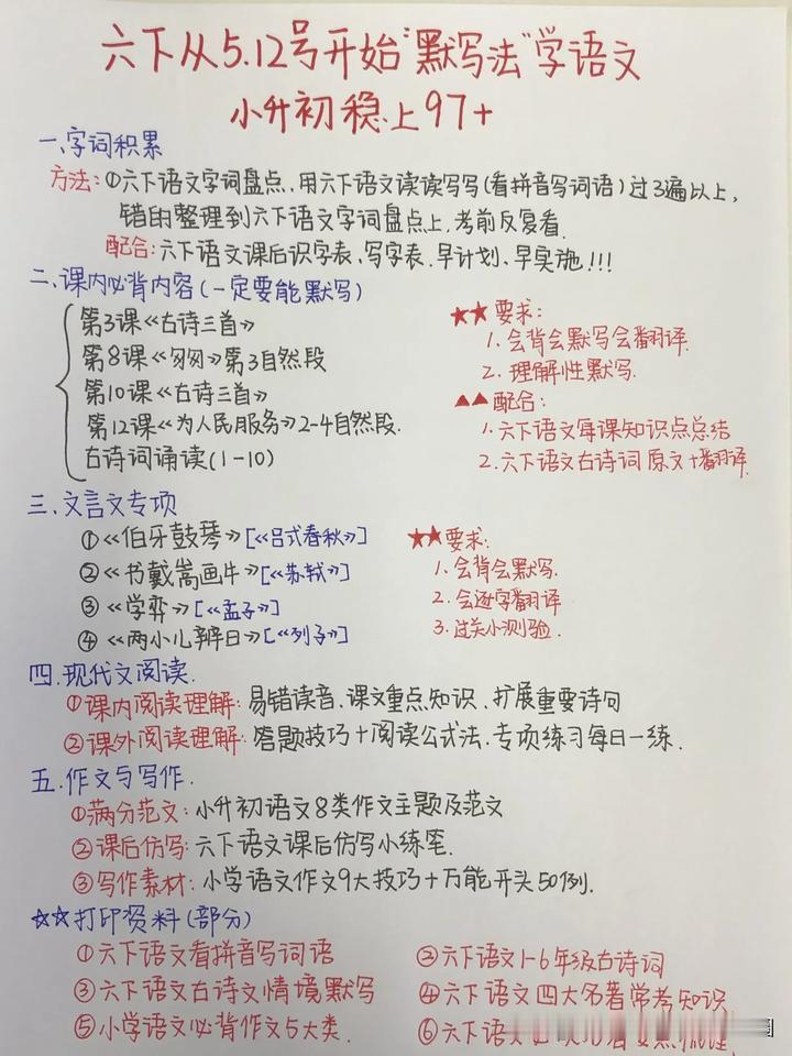 六下从5.12开始“默写法”学语文，小升初稳了