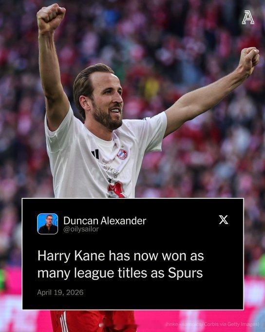 TA提醒：哈里凯恩加盟拜仁以来，已经拿到了两个顶级联赛冠军，这个数字跟热刺俱乐部