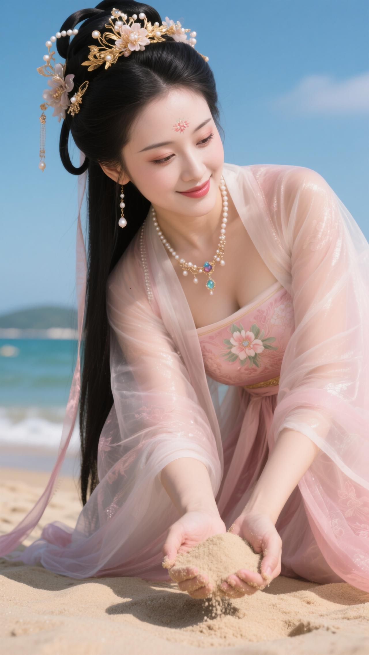 《采桑子·沙岸粉妆》粉绫曳地摇波影，珠簪凝露光。笑堆沙塔倚晴阳，风软椰香