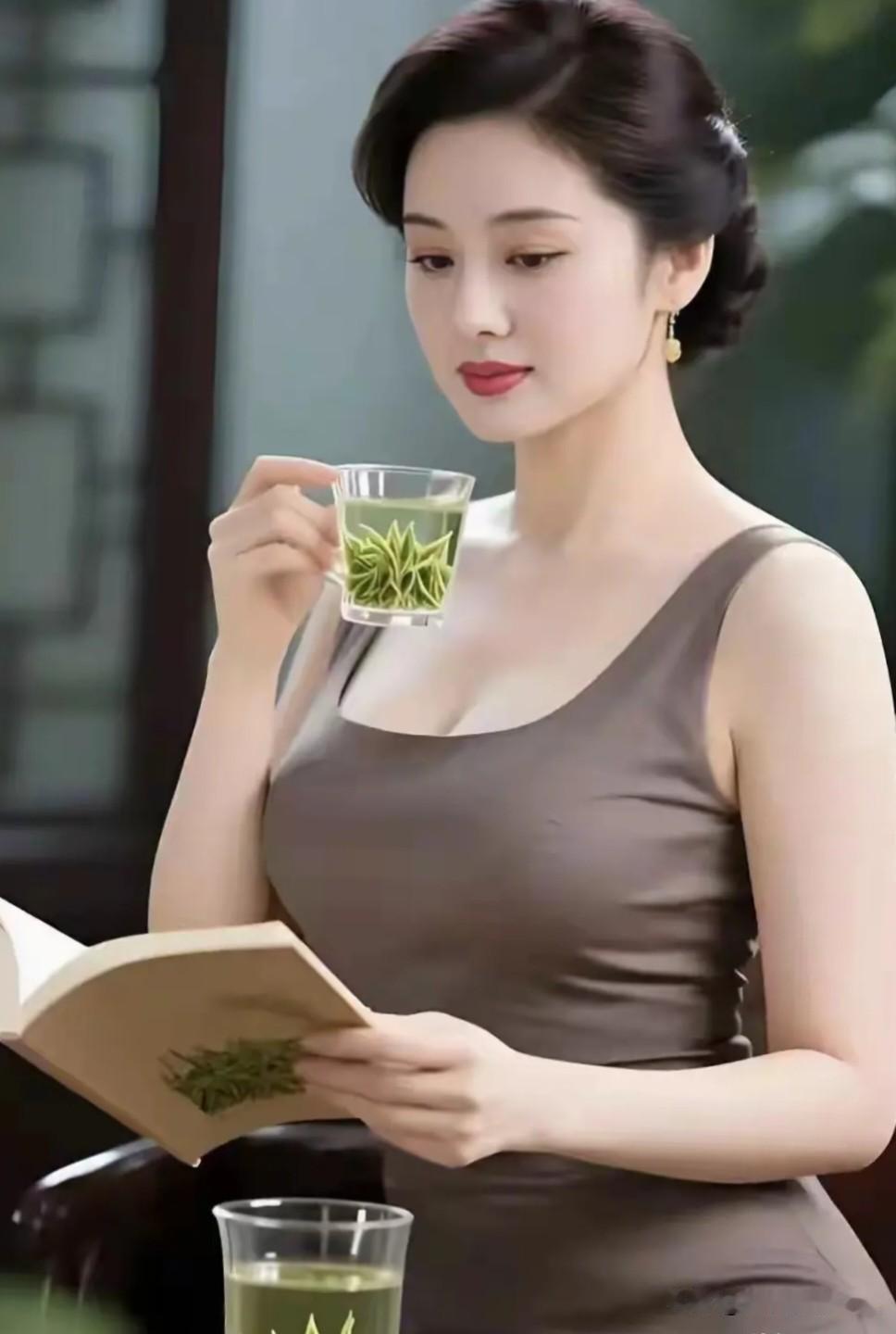 鹧鸪天·清窗品茗云鬓轻盘玉耳垂，素衫闲倚木窗扉。一杯翠茗浮尖叶，半卷清书