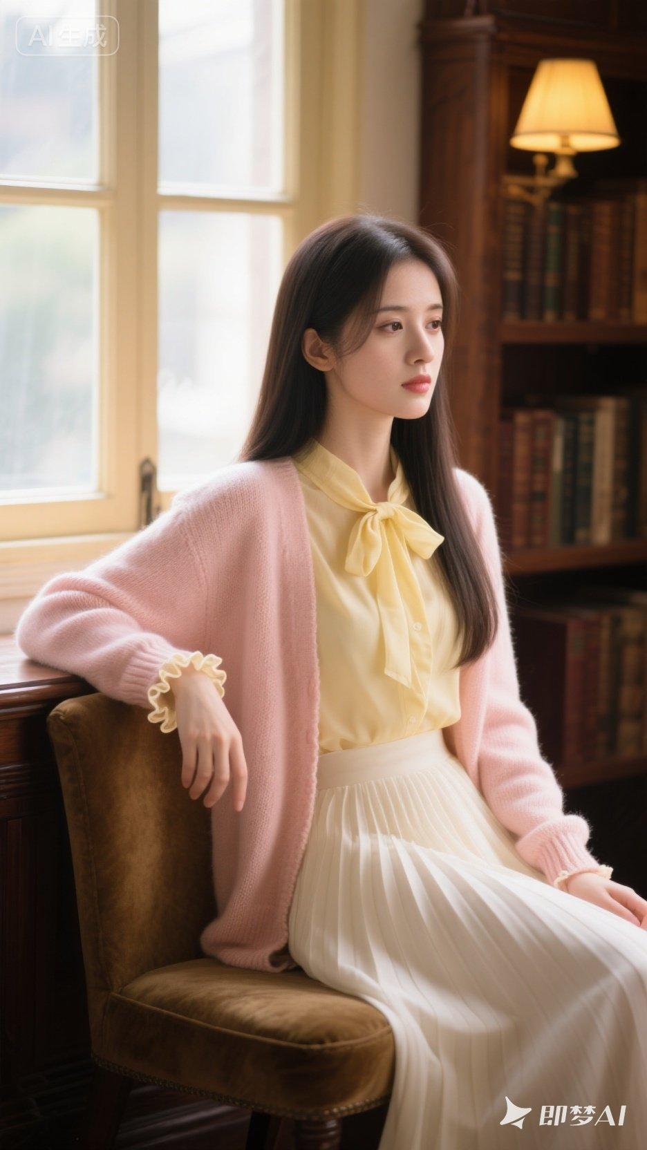 优雅少女，书香气息，粉色毛衣与白色长裙的完美搭配，静谧时光。