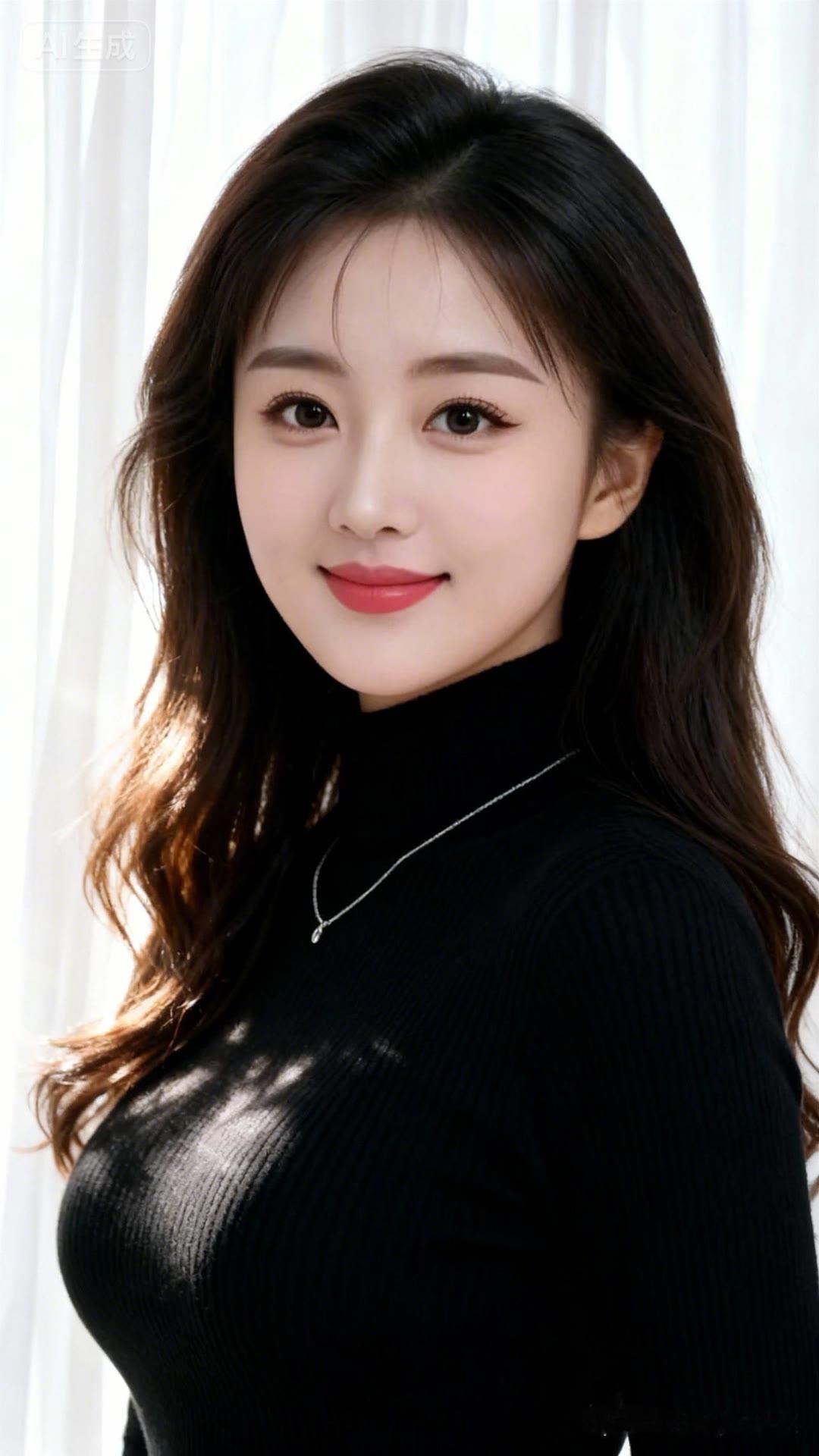 温柔甜美的笑容，黑色高领毛衣搭配简约项链，优雅气质满满！🌹✨