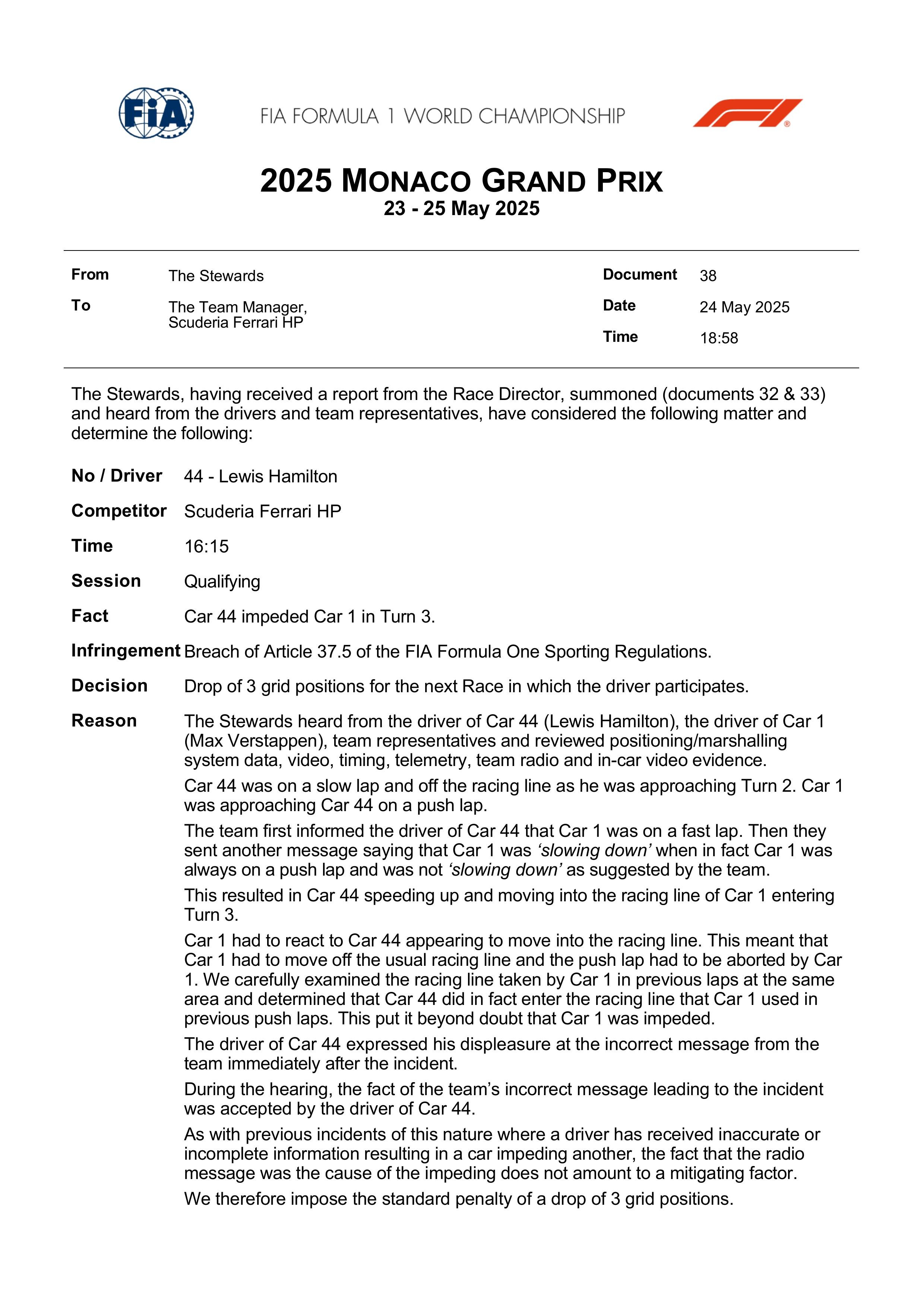 F1汉密尔顿在排位赛中阻挡维斯塔潘，被罚正赛退后3位发车。官方文件中的理由写道