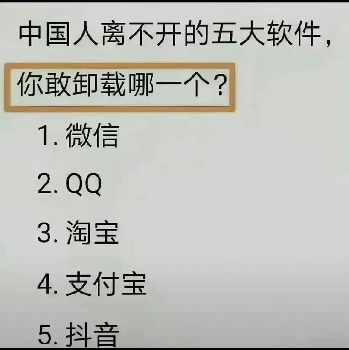 5个都是常用的软件，很难抉择。如果非要选择，我可能会卸载淘宝，可以用京东或拼多