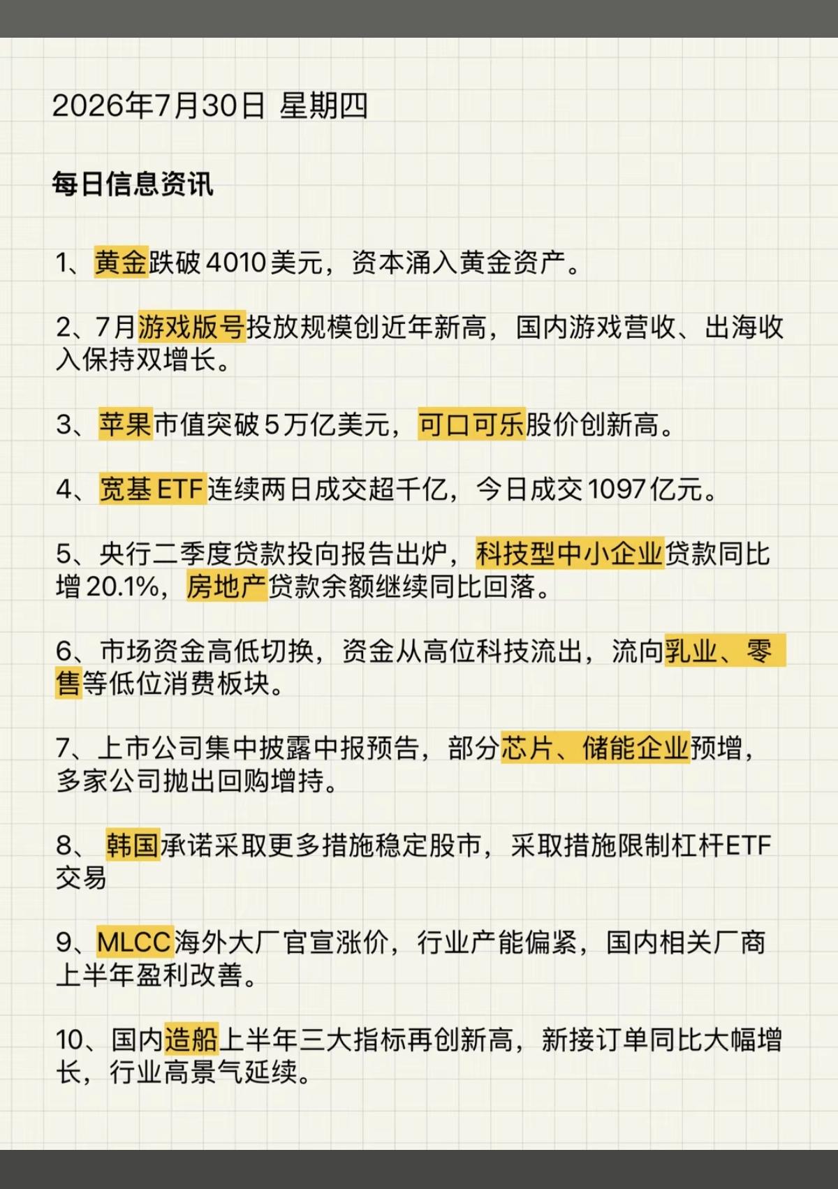 7.30周四财经信息汇总！1.黄金跌破4010美元2.网络游戏3.可