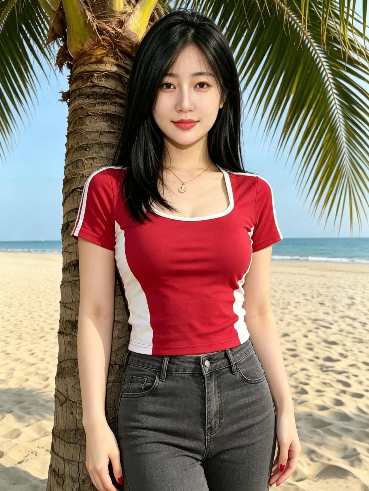 碧海连天色，椰风拂鬓丝。亭亭人独立，光影尽成诗。