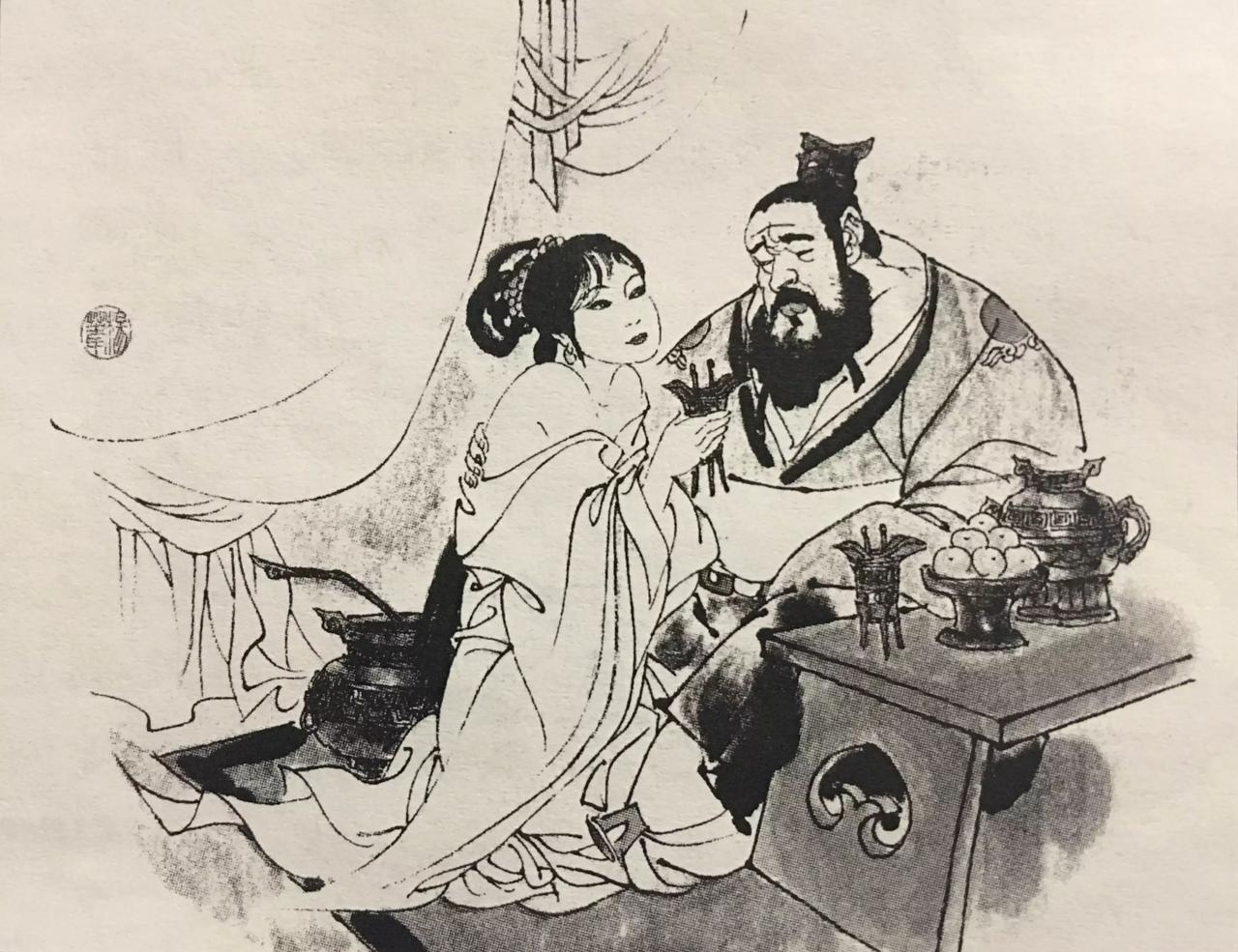 晋献公端起筷子，正准备享用那一盘胙肉时，骊姬突然拦住他。她眼神坚定地盯着那块肉，
