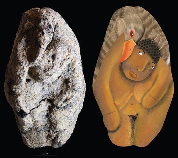 挖出来一个12000多年前的小雕像，还原一下居然是一个人类女性跟大鹅交配的样子。