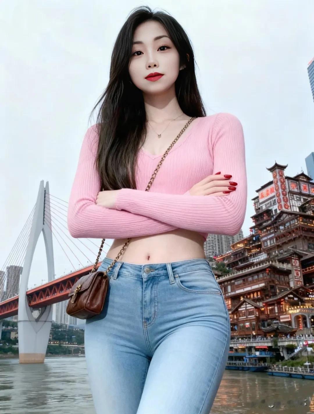 元气少女在古桥旁，粉衣牛仔裤，甜美又时尚！好身材性感女神显身材穿搭