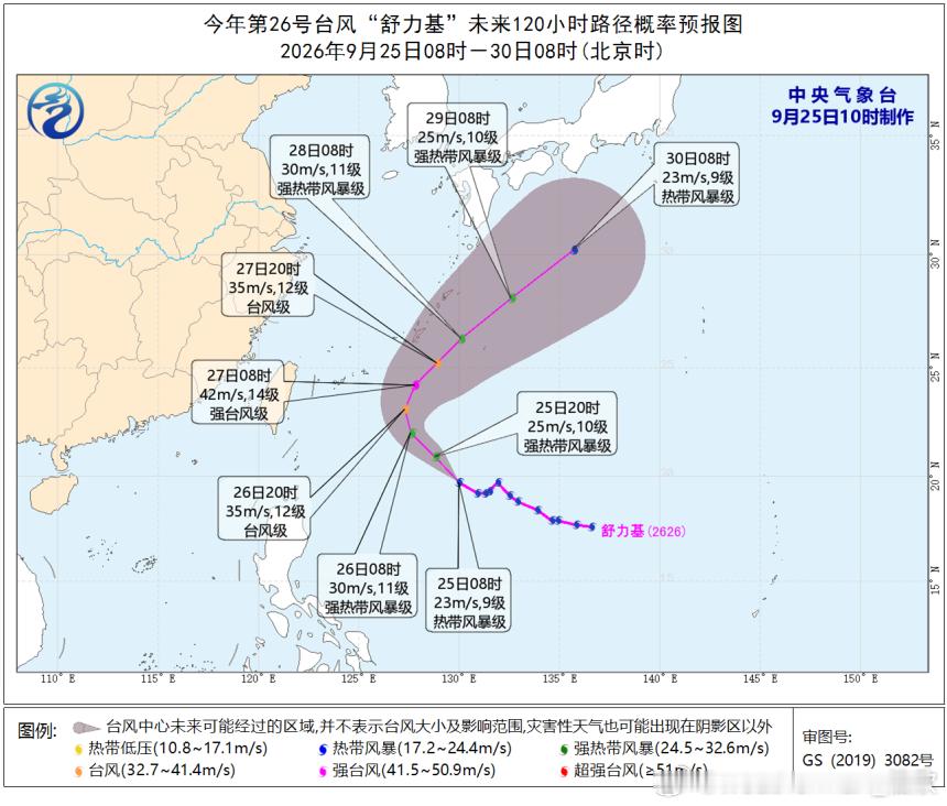 台风舒力基昨天到今晨，舒力基强度缓慢增强。同时东环副高在27日前，相对偏东。这