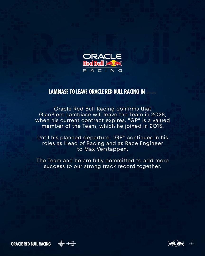 红牛官方宣布，GP将在2028年合同到期之后离开车队，结束13年红牛生涯。离队之