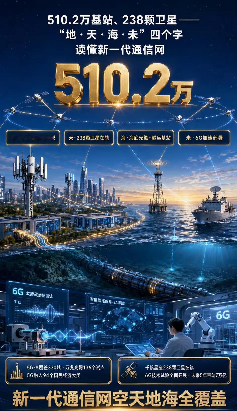 510.2万基站！通信网空天地海全覆盖。新一代通信网空天地海全覆盖5G-A覆盖