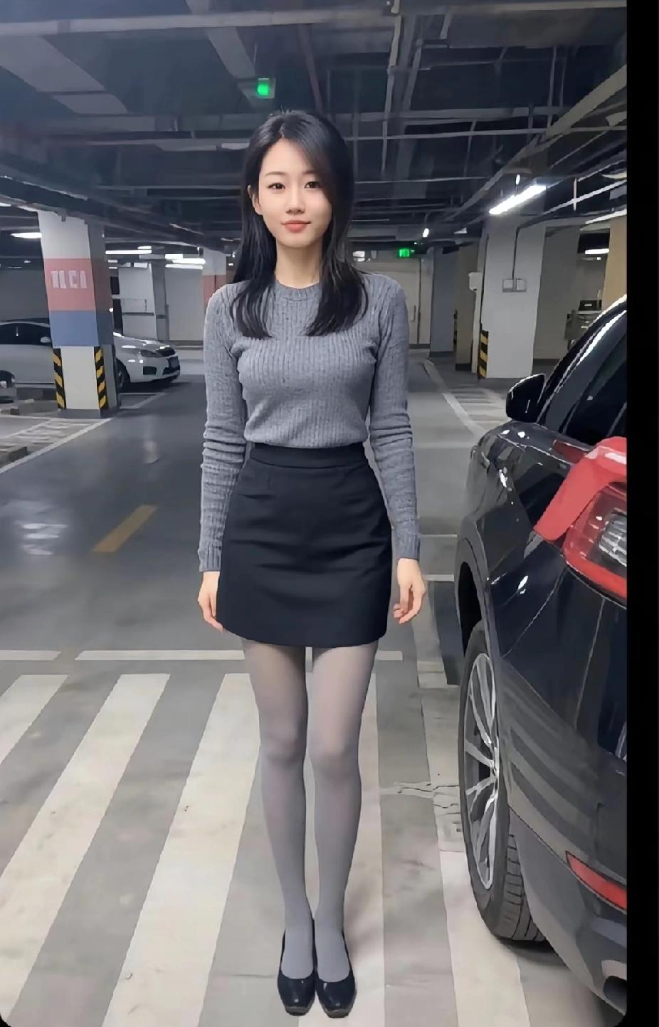 简约优雅，停车场里的时尚秀女人穿裙子配什么鞋显得更有品味?