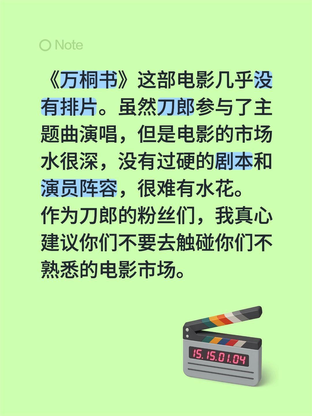 《万桐书》这部电影几乎没有排片。虽然刀郎参与了主题曲演唱，但是电影的市场水很深，