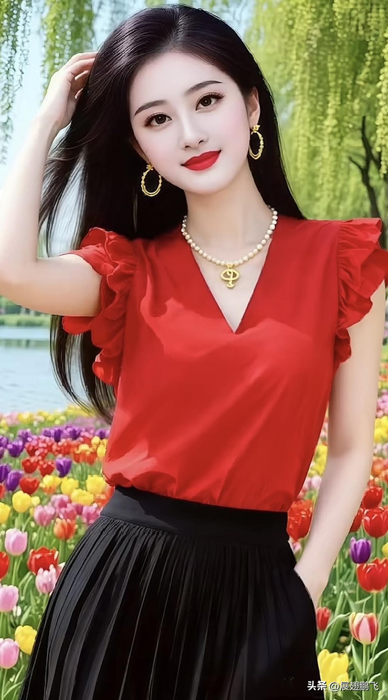 红衣美人倚花间，笑语如花映日鲜。玫瑰红裙少女玫瑰红装美女红衣花裙少女玫瑰红