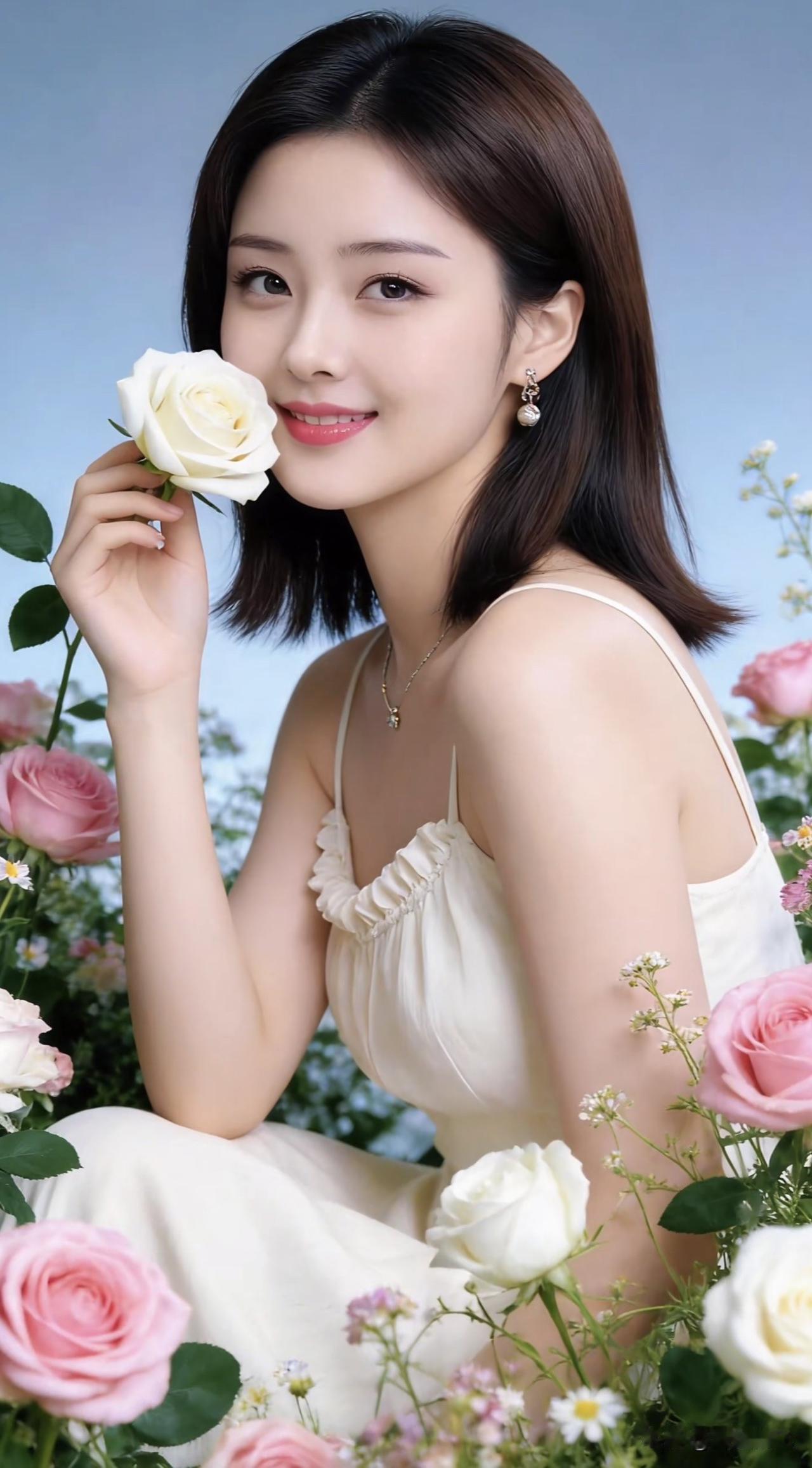 温柔甜美的花海少女，手持玫瑰，微笑如花。紫色花海少女花海少女感花海少女照花