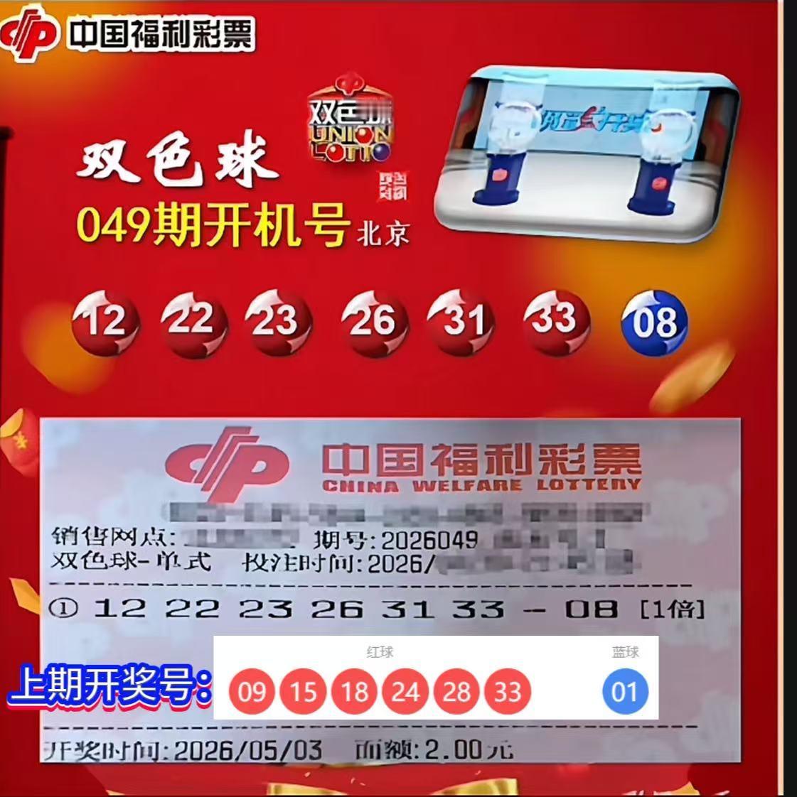双色球第26049期开机号已揭晓：红球12、22、23、26、31、33，蓝球0