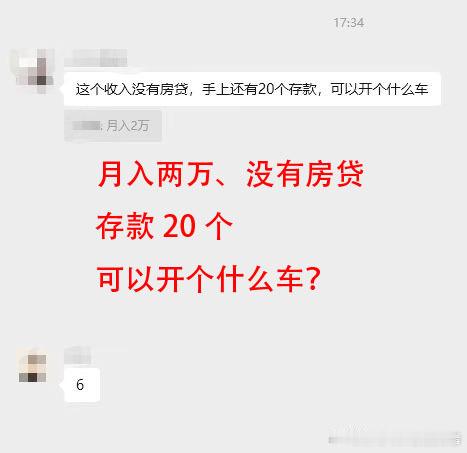 月工资两万，没有房贷，存款20万，大家觉得这个条件买啥车比较合适？