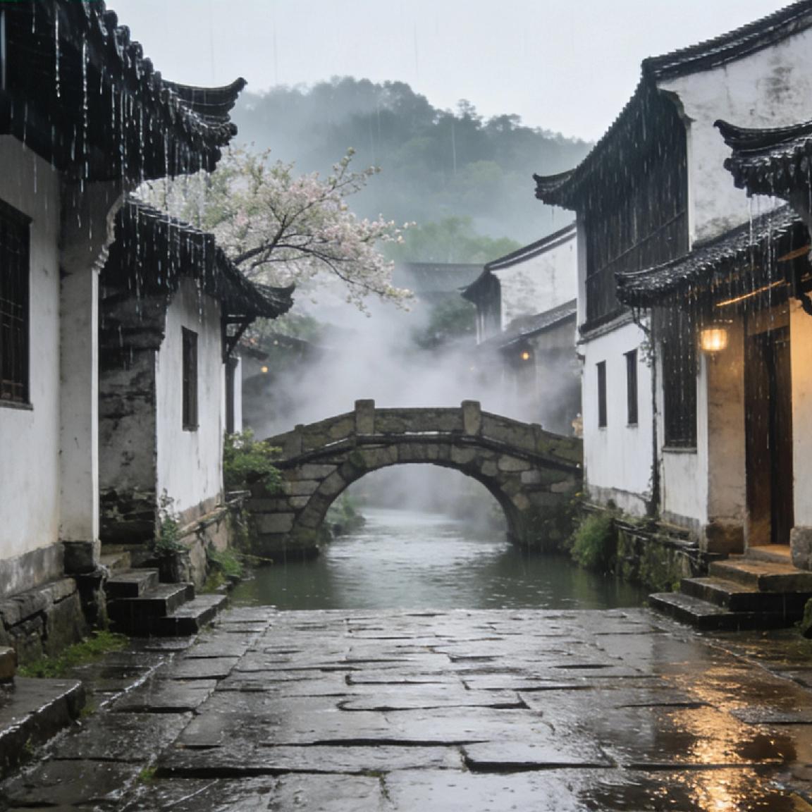 下列三张江南照片供欣赏:1. 《雨巷》：春雨淅淅沥沥打湿青石板，油纸伞转过巷