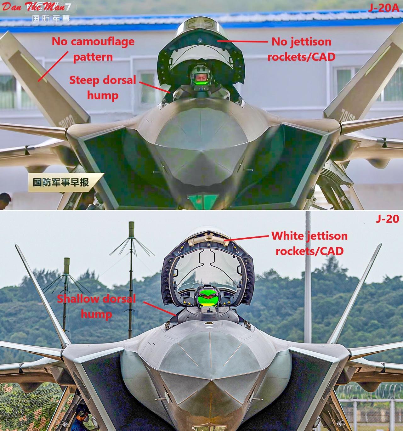 歼20A和歼20的正面差异最醒目的差异就是座舱盖上的白色PVC