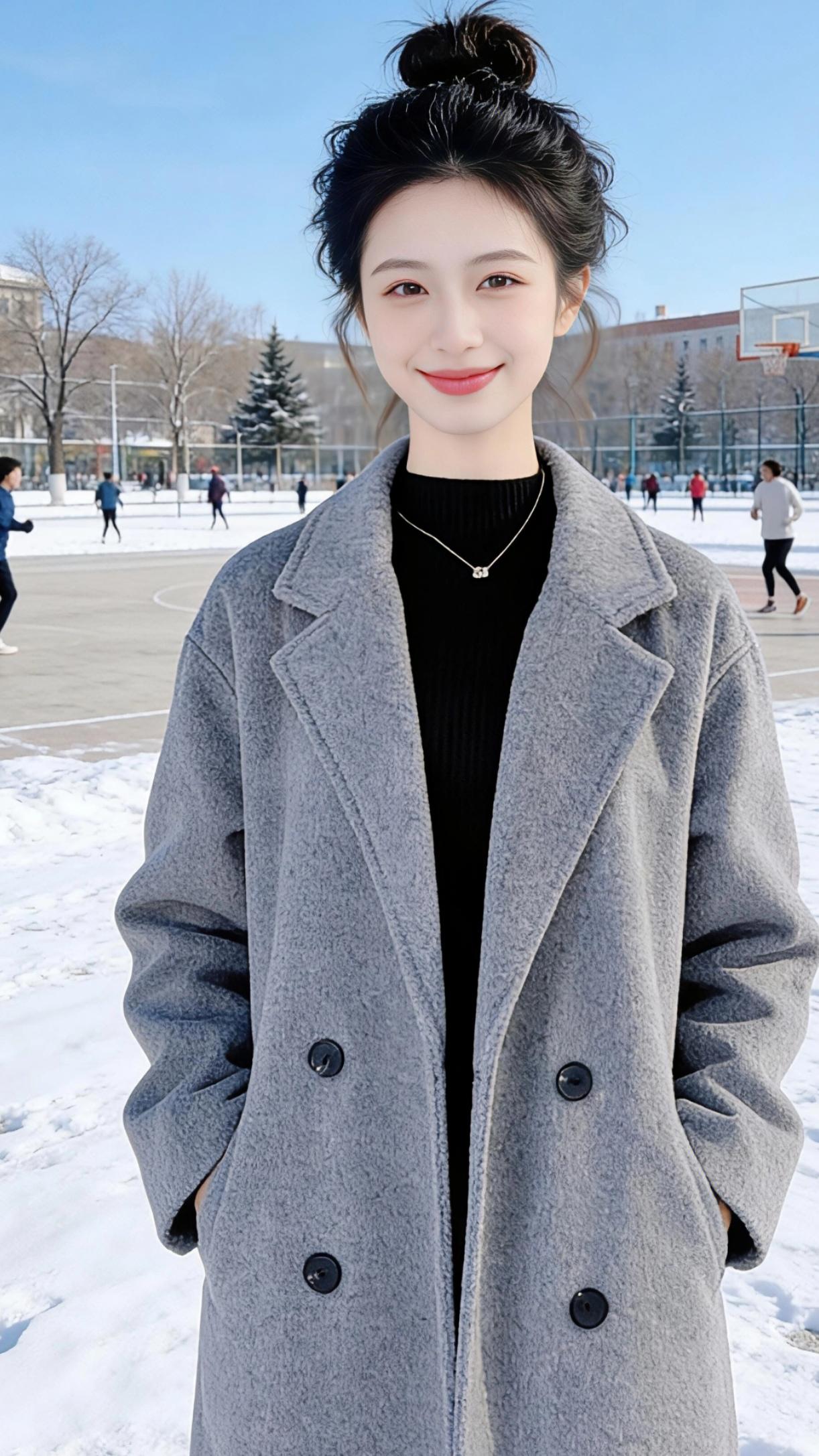 雪日球场的温柔序章冬日的风裹着碎雪掠过球场，天蓝得像一块刚擦拭过的冰晶，晃